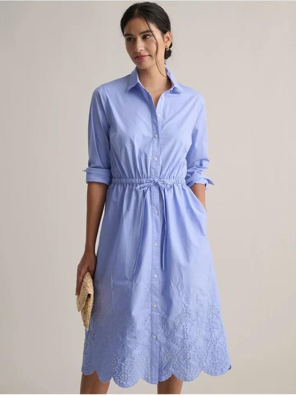 Untuckit Claudia Light Blue Shirtdress with Eyelet Embroidered Scallop Hem Sz 6